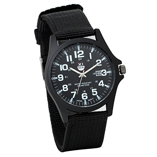 JewelryWe Herrenuhr Nylon Militär Uhr: 12/24H Analog Quarz Armbanduhr Herren Schwarz Canvas Stoff Textil Armband Taktische Outdoor Uhr Felduhr mit großen Zahlen von JewelryWe