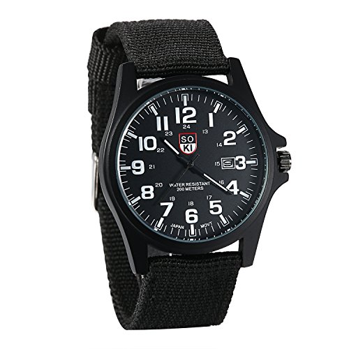 JewelryWe Herrenuhr Nylon Militär Uhr: 12/24H Analog Quarz Armbanduhr Herren Schwarz Canvas Stoff Textil Armband Taktische Outdoor Uhr Felduhr mit großen Zahlen von JewelryWe