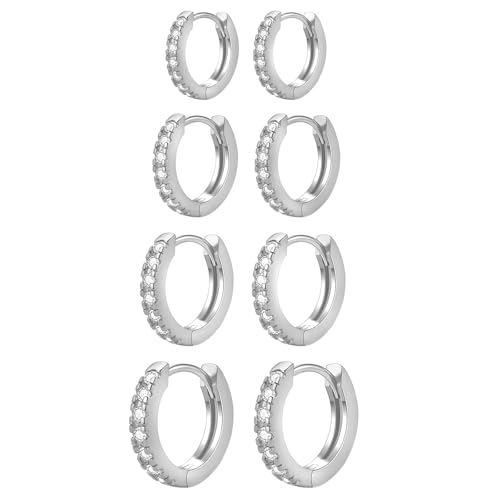 JewelryWe Klein Creolen Damen mit Zirkonia: 4 Paar Silber Creolen Huggie Ohrringe 925 Sterling Silber Stecker Hypoallergen Minimalistischer Schmuck für Frauen Mädchen von JewelryWe