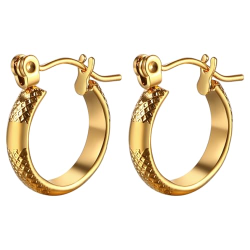 JewelryWe Klein Creolen Gold Ohrringe: Damen Edelstahl Chunky Goldene Ohrringe Klein Dick Huggie Creolen mit Schnitzmuster Tropfen Ohrringe Ohrstecker für Frauen Mädchen von JewelryWe