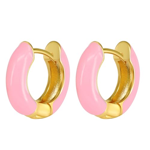 JewelryWe Kleine Creolen Ohrringe Damen: Gold Chunky Edelstahl Leicht Creolen Huggie Ohrringe mit Rosa Emaille Hypoallergene Dicke Kreolen Ohrstecker Geschenk für Frau Mädchen von JewelryWe