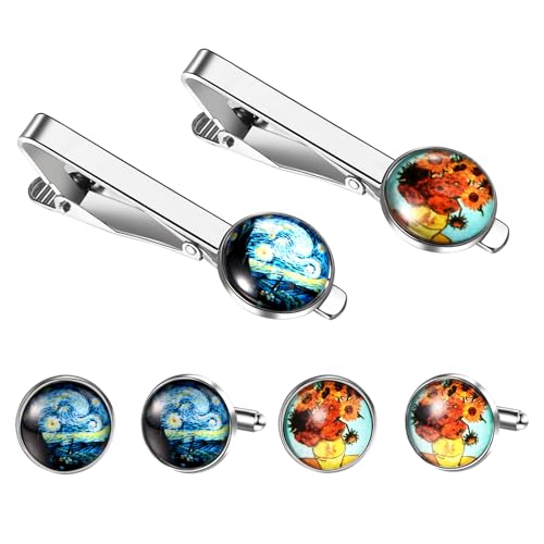 JewelryWe Krawattenklammer und Manschettenknöpfe Set für Herren: 6 Stück Van Gogh Sternennacht Sonnenblumen Krawattennadel Manschettenknöpfen Klassische Business Hochzeit Schmuck Accessoires Silber von JewelryWe