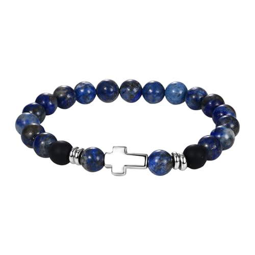 JewelryWe Kreuz Armband Naturstein Perlenarmband: Lapislazuli Perlen Armbänder Herren Charm Stretch-Armband Elastische Gebetsarmband Katholische Christliche Taufgeschenke Ostern Geschenke Blau Silber von JewelryWe