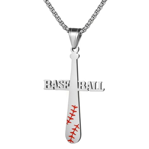 JewelryWe Kreuz Baseball Kette Herren: Silber Edelstahl Baseball Kreuz Anhänger Halskette mit Gravur I CAN DO ALL THINGS inspirierendes Geschenk für Jungen Trainer Kinder von JewelryWe