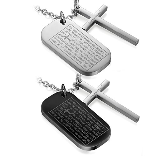 JewelryWe Kreuz Erkennungsmarke Halskette Herren: 2 Stück Edelstahl Retro Immanuel Kruzifix Bibel Herr Gebet Vaterunser Dog Tag Anhänger Kette Religiöse Christian Schmuck Geschenk für Männer von JewelryWe