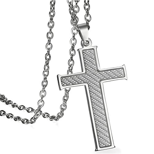 JewelryWe Kreuz Halskette Herren Kohlenstofffaser: Klassiker Edelstahl Kohlefaser Kohlenstoff Faser Kreuz Anhänger mit 55cm Kette Silber Geschenk für Männer von JewelryWe