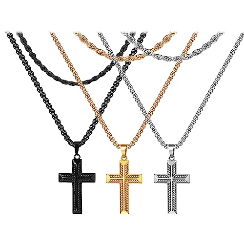 JewelryWe Kreuz Halskette Herren Kreuz-Anhänger - 3pcs Silber/Gold/Schwarz Edelstahl Kette mit Klassiker Kreuz Anhänger Poliert Geschichtete Doppelschichtige Halskette mit Gravur für Männer von JewelryWe