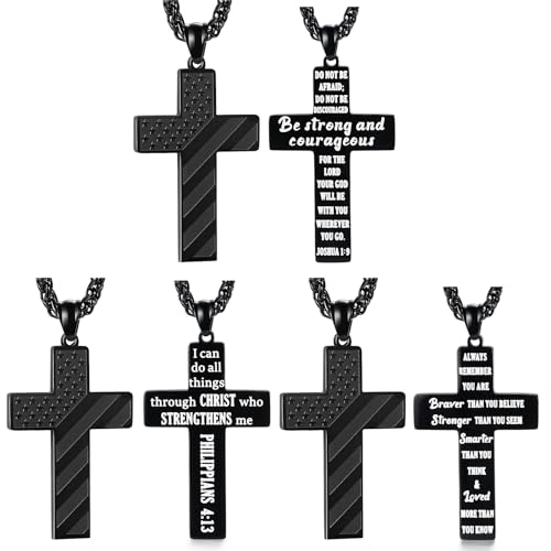 JewelryWe Kreuz Halskette Herren Vaterunser: 3pcs Schwarz Edelstahl US Flagge Sterne Streifen Kreuz Bibel Gebet Anhänger Kette Geschenk für Männer Junge von JewelryWe