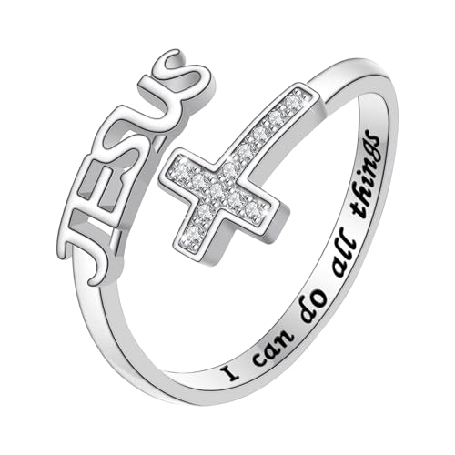 JewelryWe Kreuz Jesus Ring Damen: Zirkonia Kreuz Buchstaben JESUS Offen Verstellbar Damen-Ring Fingerringe mit Gravur I Can Do All Things Religiöse Christliche Glaube Schmuck Geschenk Silber von JewelryWe