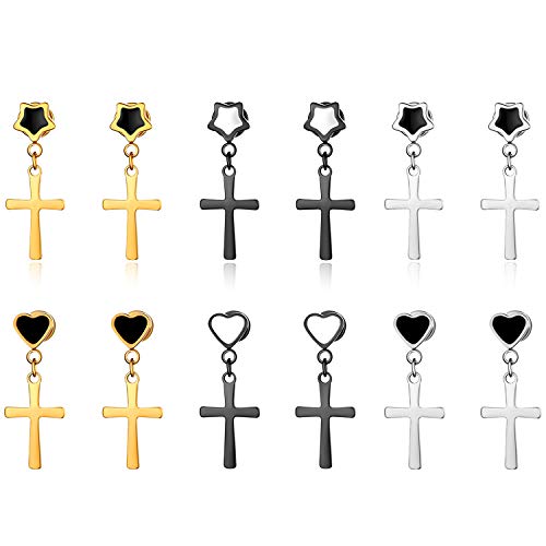 JewelryWe Kreuz Ohrringe Herren Damen: 6 Paar Edelstahl Herz Stern Pentagramm Fake Plug Tunnel Ohrstecker Ohrpiercing Ohrhänger mit Kreuz Anhänger Schraube Helix Tragus Piercings Silber Gold Schwarz von JewelryWe