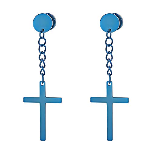 JewelryWe Kreuz Ohrstecker Tunnel Ohrringe: Herren Damen Edelstahl Fake Ohr Plugs Ohrstecker Ohrhänger Ohrpiercings mit Baumelnde Kruzifix Kreuz Kette Anhänger Schraube Helix Tragus Piercings Blau von JewelryWe