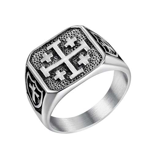 JewelryWe Kreuz Ring Herren Siegelring: Edelstahl Jerusalem Kreuz Herren-Ring Retro Punk Hip Hop Quadrat Ringe Siegelringe Männer Biker Band Bandring mit Gravur Geschenk Größe 57 von JewelryWe