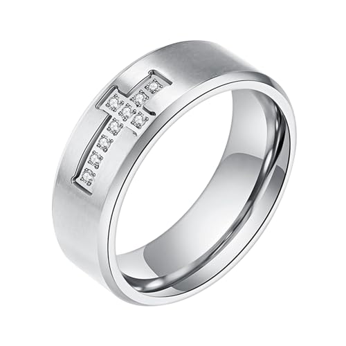 JewelryWe Kreuz Ring Herren Zirkonia: Schwarz Edelstahl Herren-Ring mit Zirkonia Kreuz Kruzifix Hip Hop Punk Bandring Männer Christliche Ringe Band mit Gravur Größe 65 von JewelryWe