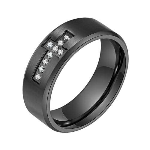 JewelryWe Kreuz Ring Herren Zirkonia: Silber Edelstahl Herren-Ring mit Zirkonia Kreuz Kruzifix Hip Hop Punk Bandring Männer Christliche Ringe Band mit Gravur Größe 57 von JewelryWe