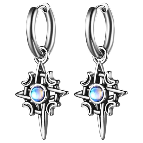 JewelryWe Kreuz Stern Creolen Ohrringe: Silber Edelstahl Huggie Creolen mit Imitation Mondstein Spike Stern Anhänger Hängende Ohrringe Gothic Hip Hop Ohrschmuck für Damen Männer von JewelryWe