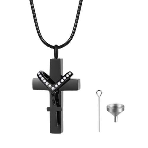 JewelryWe Kreuz Urnen Halskette für Asche: Schwarz Edelstahl Zirkonia Memorial Pet Urn Kreuz Anhänger mit Schlangenkette Andenken Kette Feuerbestattung Schmuck für Herren Damen von JewelryWe