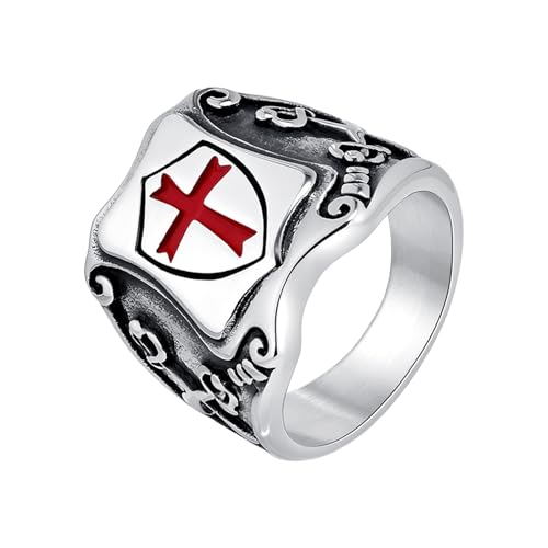 JewelryWe Kreuzritter Tempelritter Ring Herren: Silber Edelstahl Herrenring Siegelring mit Rot Kreuz Schild Vintage Mittelalterlicher Fingerring Wikinger Hip Hop Biker Schmuck für Männer Größe 70 von JewelryWe