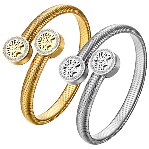 JewelryWe Lebensbaum Armreif Armband Damen: 2er Set Edelstahl Baum des Lebens Elastisch Offen Maschette Armreif Armspange verstellbares Stretch-Armband für Frauen Mädchen JewelryWe Lebensbaum Armreif Armband Damen: 2er Set Edelstahl Baum des Lebens Elastisch Offen Maschette Armreif Armspange verstellbares Stretch-Armband für Frauen Mädchen von JewelryWe