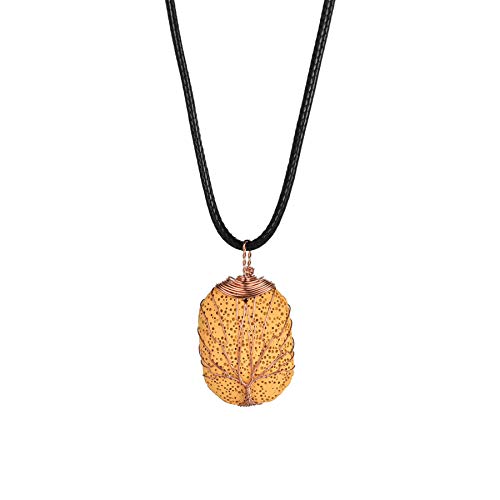 JewelryWe Lebensbaum Halskette für Damen Herren: Gelb Natürliche Vulkansteine Platinierter Messingdraht Handgemacht Wicklung Baum des Lebens Anhänger mit Verstellbarer Leder Kette von JewelryWe