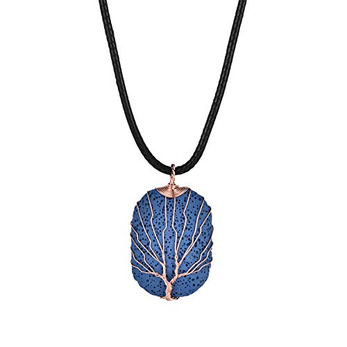JewelryWe Lebensbaum Halskette für Damen Herren: Saphirblau Natürliche Vulkansteine Platinierter Messingdraht Handgemacht Wicklung Baum des Lebens Anhänger mit Verstellbarer Leder Kette von JewelryWe