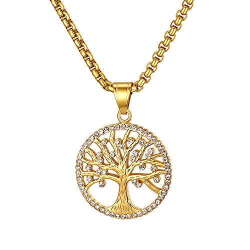 JewelryWe Lebensbaum Kette, Edelstahl Strass Baum des Lebens Anhänger Halskette Charme Geschenk für Herren Damen, Gold von JewelryWe