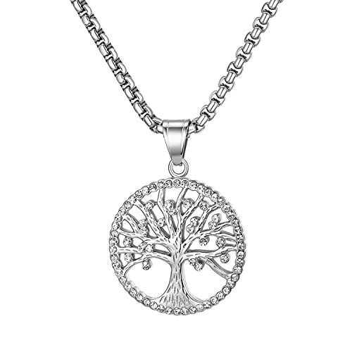 JewelryWe Lebensbaum Kette, Edelstahl Strass Baum des Lebens Anhänger Halskette Charme Geschenk für Herren Damen, Silber von JewelryWe