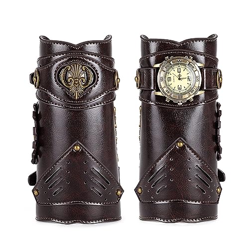JewelryWe Leder Armschutz mit Uhr Herren - 2 Stück Steampunk Armschiene Echtleder Armschützer Armbanduhr Männer Mittelalterliches Gauntlet-Armband Handschuhe für für Halloween Cosplay Party von JewelryWe