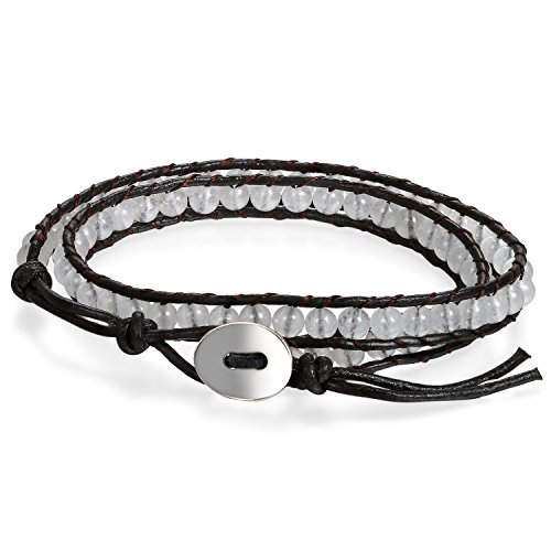 JewelryWe Lederarmband Herren Damen Wickelarmband: Elegant 2 Wrap Kugel Beads Perlenarmband Legierung Leder Seil geflochten Armband Armreif Manschette Surferarmband einstellbar Weiß 09 von JewelryWe