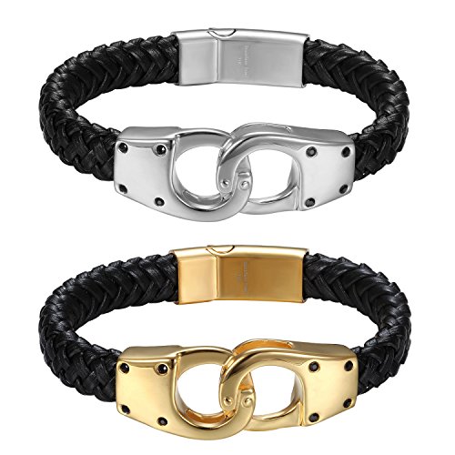 JewelryWe Lederarmband Herren Edelstahl Handschelle: 2pcs Punk Leder geflochten Armband Armreif mit Handschellen verbinden Design und Magnetverschluss Gold Silber Schwarz von JewelryWe