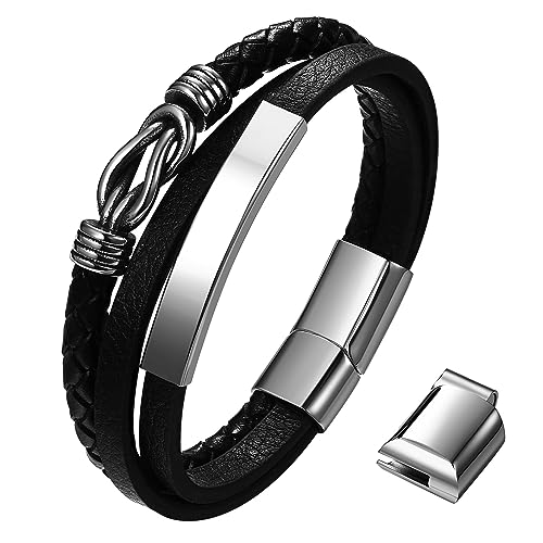 JewelryWe Lederarmband Herren Unendlichkeit Edelstahl - Infinity Unendlichkeit Symbol mehrschichtig geflochten schwarz Leder Armband Männer Armreif Manschette mit Silber Gravurplatte von JewelryWe