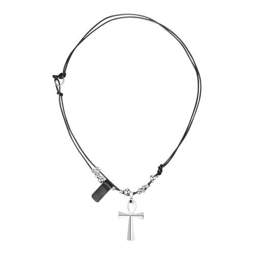JewelryWe Lederkette Ankh Kreuz Halskette: Gothic Punk Schwarz Leder Kette mit Ägyptisches Zeichen Anch o.Ankh Kreuz Perlen Anhänger Lange Verstellbare Emo Halskette Schmuck Geschenk für Damen Männer von JewelryWe