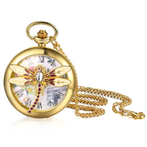 JewelryWe Libelle Taschenuhr Damen mit Kette: Gold Analog Quarz Kettenuhr Große Libelle Design Uhr Anhänger Halskette mit Römischen Ziffern Zifferblatt Geschenk für Frau Mutter Freundin JewelryWe Libelle Taschenuhr Damen mit Kette: Gold Analog Quarz Kettenuhr Große Libelle Design Uhr Anhänger Halskette mit Römischen Ziffern Zifferblatt Geschenk für Frau Mutter Freundin von JewelryWe