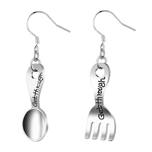 JewelryWe Löffel und Gabel Ohrringe für Damen: 925 Silber Hypoallergene Hängeohrringe Asymmetrische Besteck Ohrringe mit "Getthrough" Gravur Essen Koch Küche Ohrhänger Ohrschmuck Lustige Modeschmuck von JewelryWe