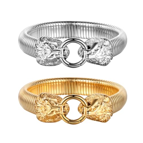 JewelryWe Löwe Armband Herren Armreif: 2 Stück Edelstahl Gegenüber Löwenkopf Elastisch Armspange Manschette Stretch Armband mit O-Ring Kreis Gothic Punk Biker Schmuck Geschenk für Männer Frauen von JewelryWe