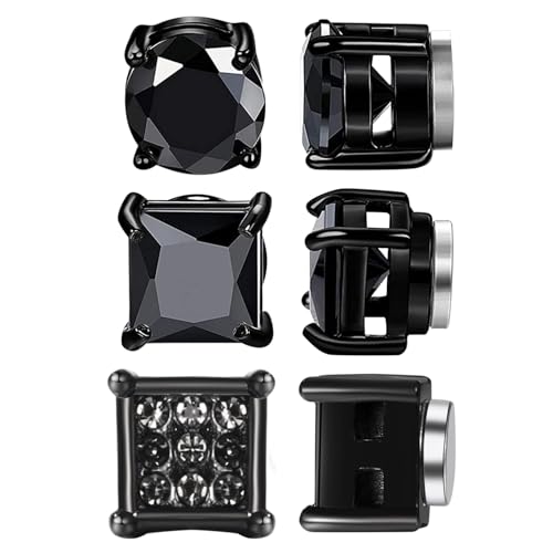 JewelryWe Magnet Ohrringe Damen Herren: 3 Paar 6mm Runde Quadratische Zirkonia Edelstahl Magnetische Ohrstecker Set Magnetohrringe Non-Piercing Ohrclips Clip on Ohrringe Ohne Loch Schwarz von JewelryWe