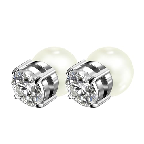 JewelryWe Magnet Ohrringe Perlenohrringe für Damen: 10mm Weiß Perlen Zirkonia Edelstahl Magnetische Ohrclips Fake Piercing Ohrstecker Magnetohrringe Ohne Ohrlöcher Clip on Ohrringe Schmuck Silber von JewelryWe