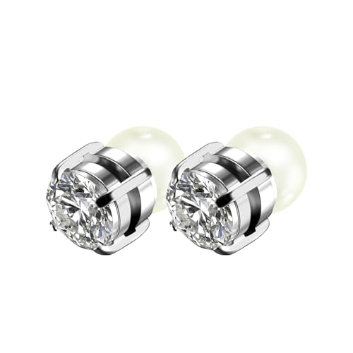 JewelryWe Magnet Ohrringe Perlenohrringe für Damen: 6mm Weiß Perlen Zirkonia Edelstahl Magnetische Ohrclips Fake Piercing Ohrstecker Magnetohrringe Ohne Ohrlöcher Clip on Ohrringe Schmuck Silber von JewelryWe