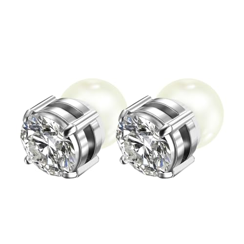 JewelryWe Magnet Ohrringe Perlenohrringe für Damen: 8mm Weiß Perlen Zirkonia Edelstahl Magnetische Ohrclips Fake Piercing Ohrstecker Magnetohrringe Ohne Ohrlöcher Clip on Ohrringe Schmuck Silber von JewelryWe