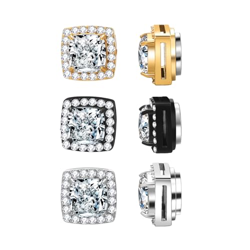 JewelryWe Magnet Ohrringe für Damen Herren: 3 Paar Edelstahl Zirkonia Quadratische Magnetische Ohrstecker Set Fake Piercing Ohrclips Clip-On Ohrringe Ohne Ohrloch Unisex Gold Schwarz Silber von JewelryWe
