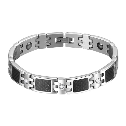 JewelryWe Magnetarmband Herren Magnet Armband: Schwarz Kohlenstofffaser Kohlefaser Edelstahl Zirkonia Rechteck Glieder Link Magnetische Armbänder Armkette Silber Geschenk von JewelryWe