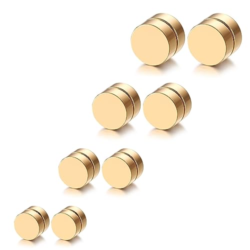 JewelryWe Magnetische Ohrstecker Edelstahl Non-piercing - 4 Paar Gold Magnet Ohrringe für Herren Damen Kreis Rund Magnetohrringe Fake Plug Tunnel Ohrclips Clip on Ohrringe Ohne Ohrloch 6-12mm von JewelryWe