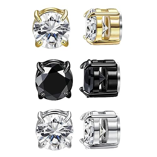 JewelryWe Magnetische Ohrstecker Edelstahl Non-piercing: 3 Paar Magnet Ohrringe für Herren Damen Edelstahl Zirkonia Magnetohrringe Fake Plug Tunnel Ohrclips Clip on Ohrringe Ohne Ohrloch von JewelryWe
