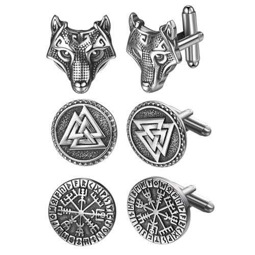 JewelryWe Manschettenknöpfe Herren Wikinger Edelstahl: 3 Paar Nordic Viking Vegvisir Valknut Wolfskopf Manschetten Knöpfe Cufflinks Silber Geschenk für Ehemann Freunden Vater von JewelryWe