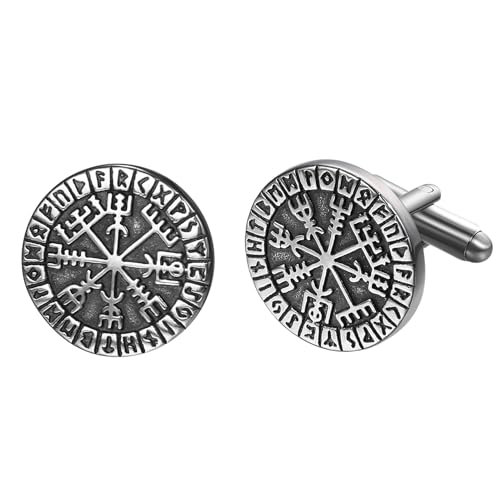 JewelryWe Manschettenknöpfe Herren Wikinger Vegvisir: Edelstahl Nordische Viking Odin Kompass Runen Manschetten Knöpfe Cufflinks Silber Geschenk für Ehemann Freunden Vater von JewelryWe