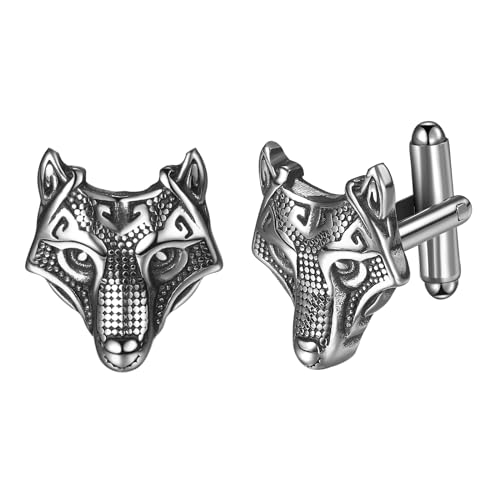 JewelryWe Manschettenknöpfe Herren Wikinger Wolfskopf: Edelstahl Nordische Mythologie Viking Wolf Kopf Manschetten Knöpfe Cufflinks Silber Geschenk für Ehemann Freunden Vater von JewelryWe