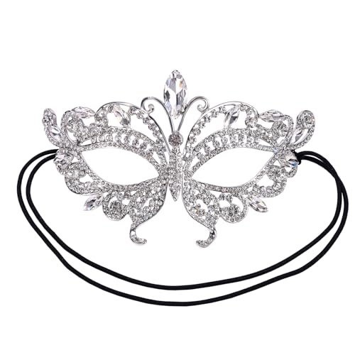 JewelryWe Maskerade Maske Damen Strass-Maske: Weiß Venezianische Maske Strass Legierung Halbgesicht Prinzessin Maske Augenmaske für Halloween Karneval Abschlussball Party Kostüm von JewelryWe
