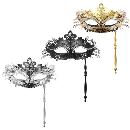 JewelryWe Maskerade Maske Damen mit Stab: 3 Stück Strass Venezianische Maskenmaske mit Stock Halloween Kostümmmaske Gesichtsmaske Augenmaske für Karneval Party Ball Cosplay von JewelryWe