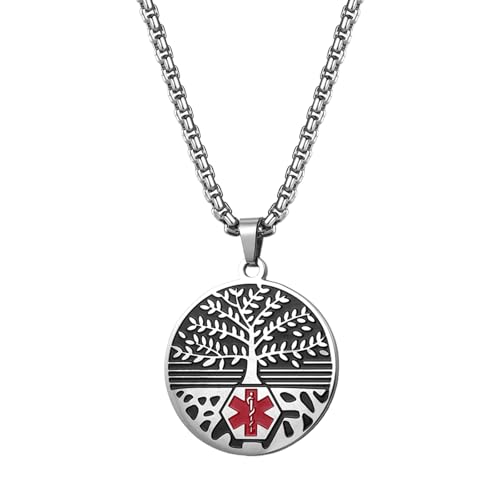 JewelryWe Medizinische Alarm Lebensbaum Halskette: Blood THINNER Edelstahl Baum des Lebens Medizinischer Notfall Runde Anhänger Kette Medical Alert ID Tag Schmuckstück für Damen Herren Silber von JewelryWe