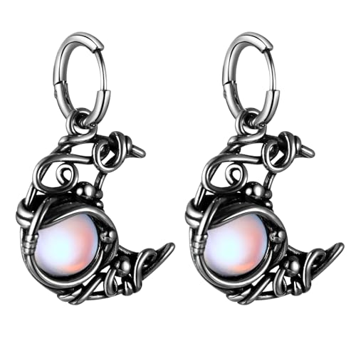 JewelryWe Mondstein Mond Ohrringe Damen: Vintage Boho Edelstahl Creolen Huggie Hoop Ohrringe mit Mondstein Halbmond Anhänger Hypoallergen Hängend Ohrringe Ohrstecker Schmuck Geschenk für Frau Mädchen von JewelryWe