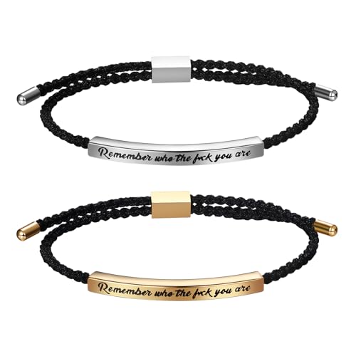 JewelryWe Motivierend Schlaucharmband Armband Damen: 2pcs Remember Who The F*ck You Are Schwarz Handgefertigt Geflochten Verstellbar Armreif Manschette mit Edelstahl Schieber inspirierend Geschenk von JewelryWe